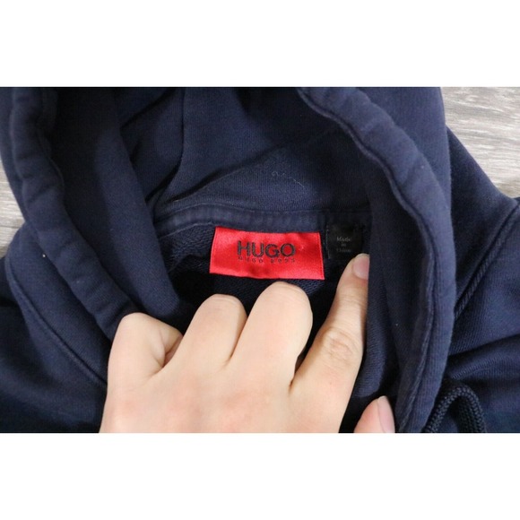 HUGO BOSS Mens Medium Daratschi Hoodie Sweatshirt Navy Blue Pullover Red Label - Picture 3 of 7